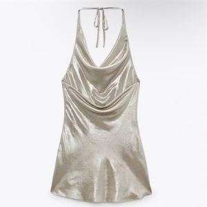Zara Metallic Cowl Neck Draped Low Back Dress